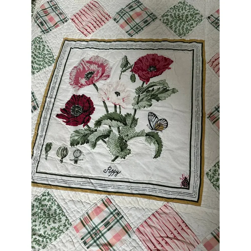 Vintage Quilt bedspread Coverlet Patchwork Botanical reversible white 78x78”